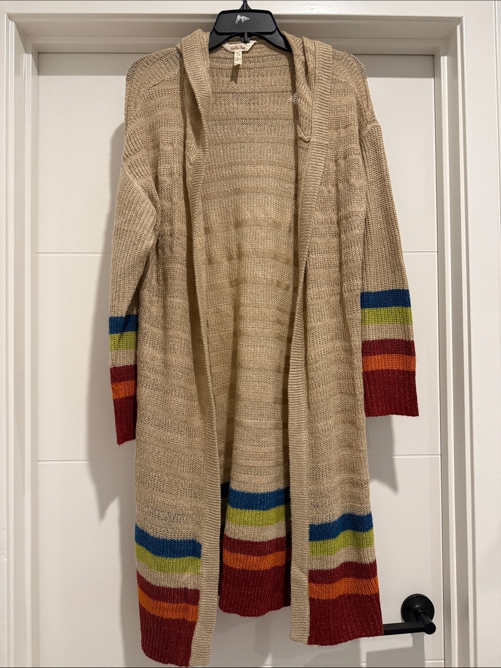 Matilda Jane Beige Hooded Long Cardigan with Stripe Detail & Gold Sparkle